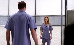 Eric (Alexander Skarsgard) and Pam (Kristin Bauer van Straten) have a stake off in HBO's True Blood Season 6, Episode 5, entitled 'F*ck the Pain Away'