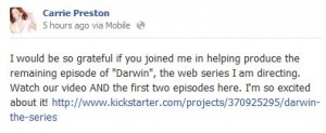 Carrie Preston (Arlene Fowler-Belleflier in HBO's True Blood) asks fans to help fund her series, 'Darwin'